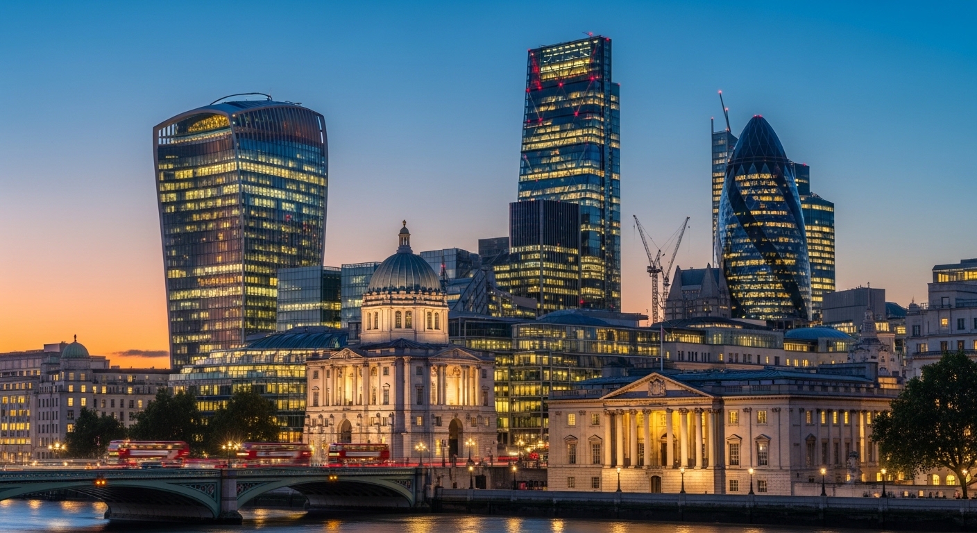A professional architectural photograph of the City of London skyline at dusk, showcasing modern glass skyscrapers and the historic Bank of England, representing the convergence of history and modern financial power.