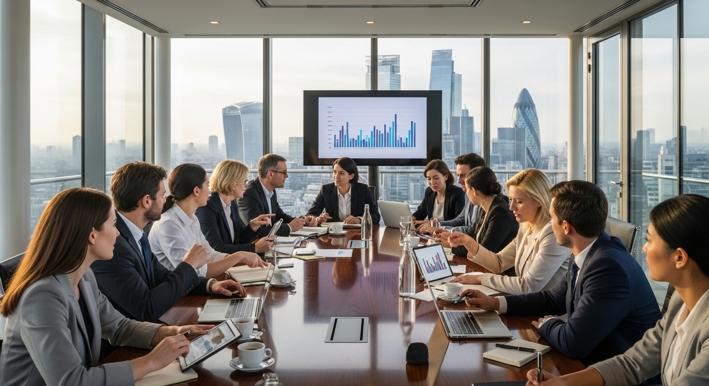 A diverse group of professional business people in a modern glass-walled boardroom in London, engaged in a strategic meeting with laptops and digital tablets.