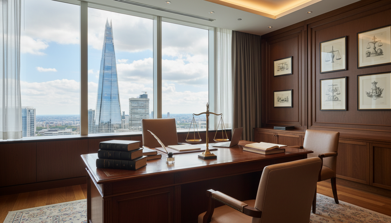 A professional legal setting in a modern London office with a view of the Shard through the window, featuring a mahogany desk with legal volumes and a gold-plated scales of justice.