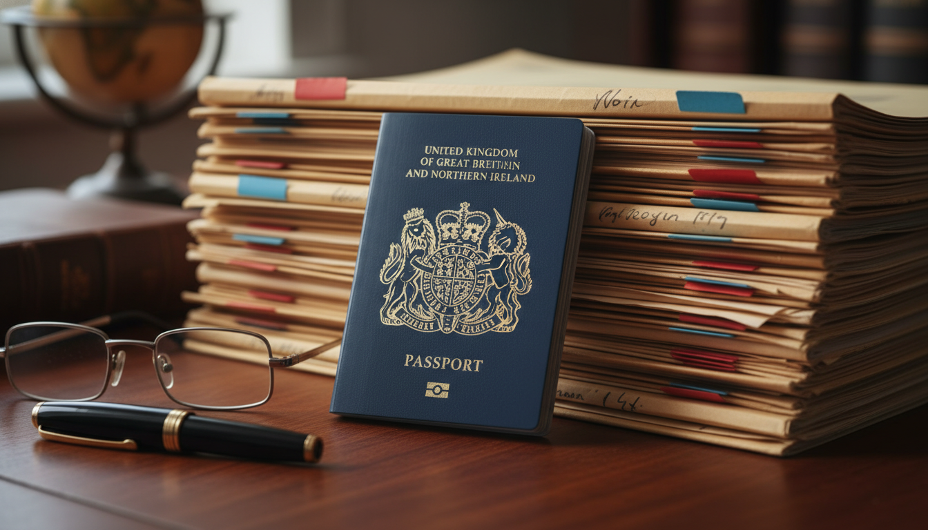 A close-up shot of a British passport resting on a stack of neatly organized legal folders, with a fountain pen and a pair of reading glasses nearby on a wooden desk.