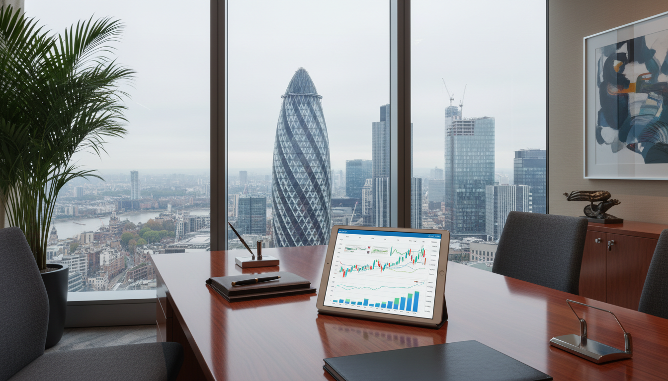 A professional office setting in a high-rise building in the City of London, featuring a mahogany desk with a tablet displaying complex financial charts and a view of the Gherkin building through the window.