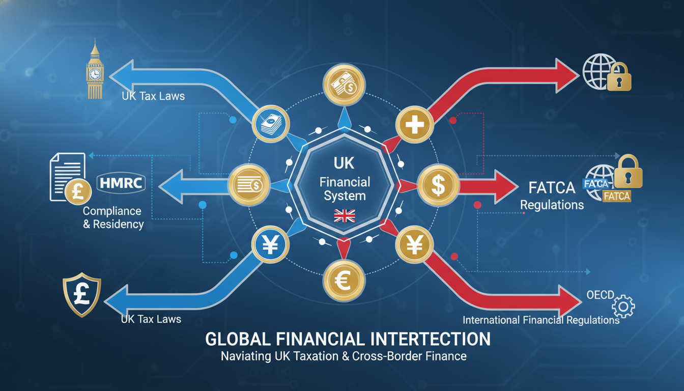 A detailed infographic showing the intersection of UK tax laws and international financial regulations, with icons representing different global currencies and a central hub representing the UK financial system.