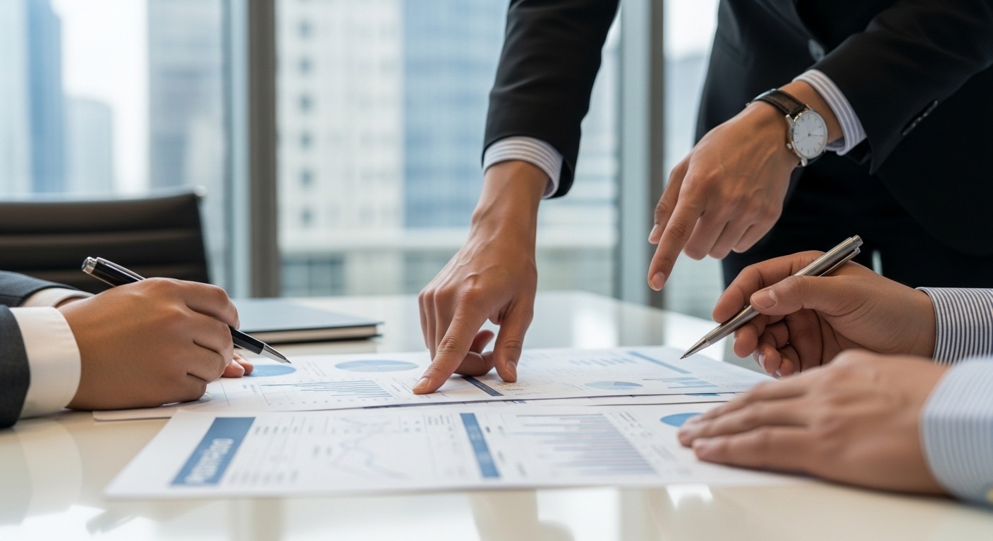 A close-up of a professional financial advisor’s hands reviewing a complex portfolio document with an international client, with a blurred background of a modern conference room.