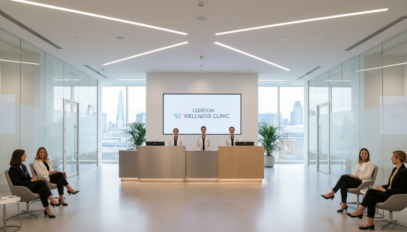 A wide-angle view of a modern private hospital wing in London, featuring clean architectural lines, professional medical staff in white coats, and a sophisticated reception area, representing high-end healthcare infrastructure.