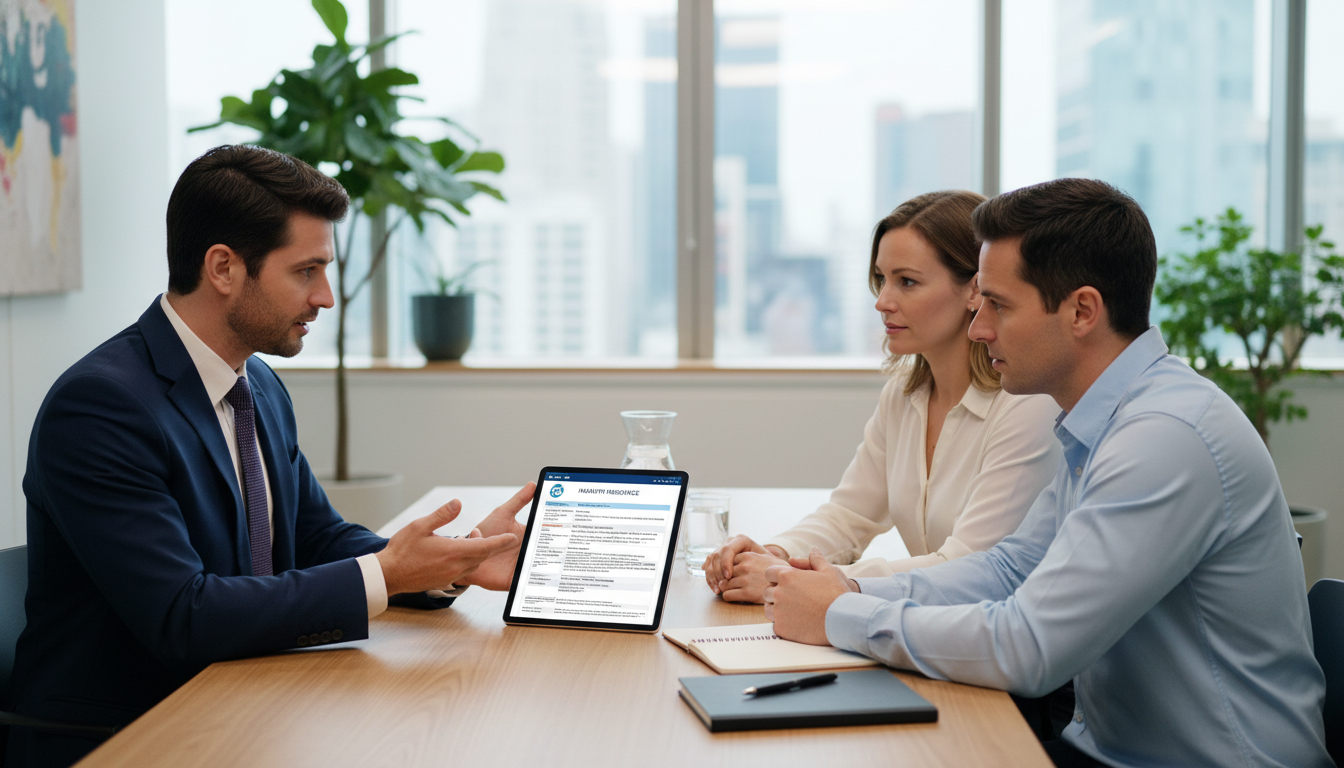 A professional insurance advisor in a suit pointing at a detailed health insurance policy document on a digital tablet, sitting across a desk from an expatriate couple in a bright, modern office.