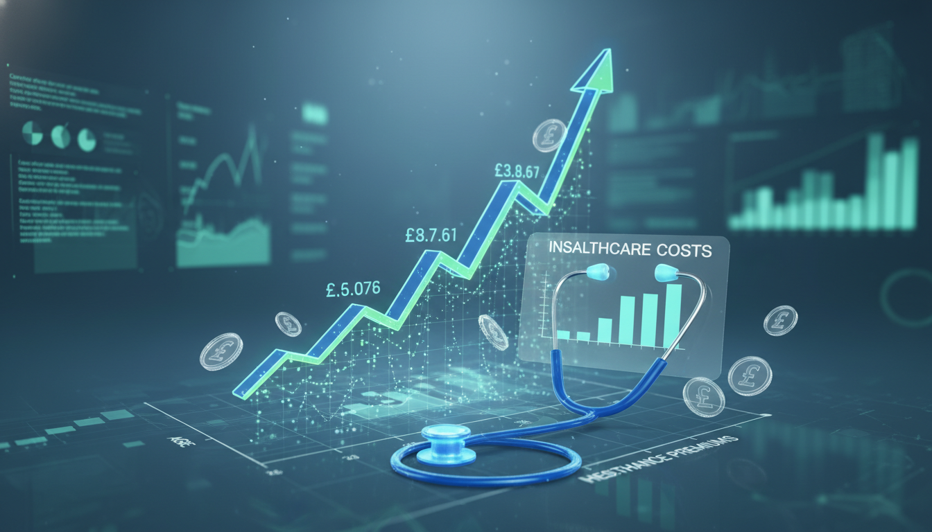 A conceptual 3D chart showing rising healthcare costs versus age, with a digital stethoscope and UK currency symbols, representing the financial planning aspect of health insurance.