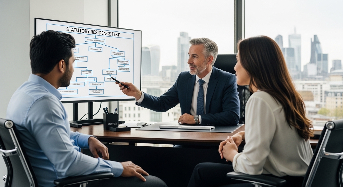 A professional financial advisor in a London office explaining the Statutory Residence Test flowchart to an international couple, realistic corporate photography style