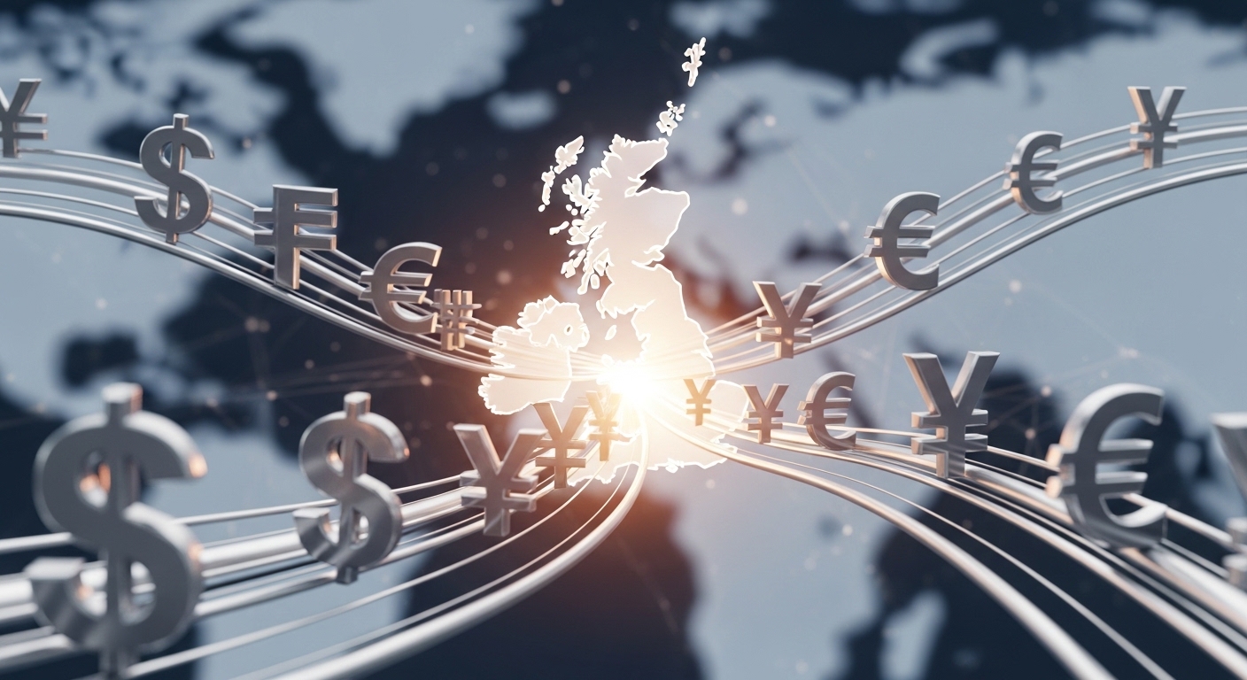 A conceptual 3D illustration of global currency symbols flowing toward a central point representing the UK, symbolizing the remittance basis and international wealth management