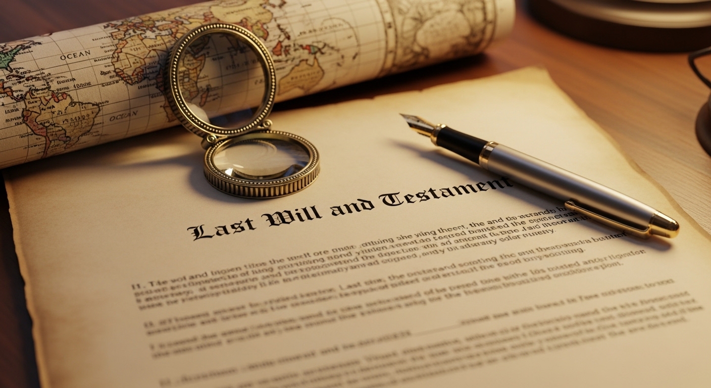A close-up of a legal document titled 'Last Will and Testament' next to a fountain pen and a map of the world, representing international inheritance tax planning