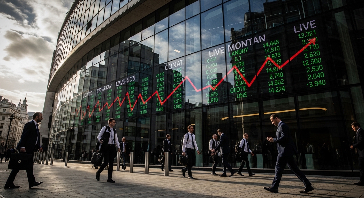 A professional wide-angle view of the London Stock Exchange building with digital financial tickers reflecting on its glass windows and professionals in business attire walking by.