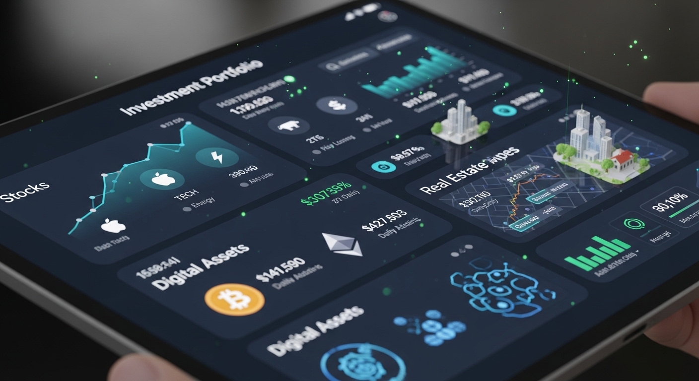 A high-tech digital interface displaying a diversified investment portfolio on a tablet screen, with icons representing stocks, real estate, and digital assets.