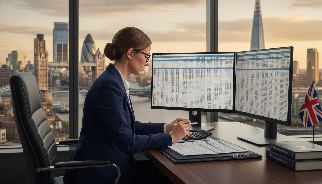 A professional accountant analyzing complex financial spreadsheets with a London skyline background through a window, signifying UK financial expertise.