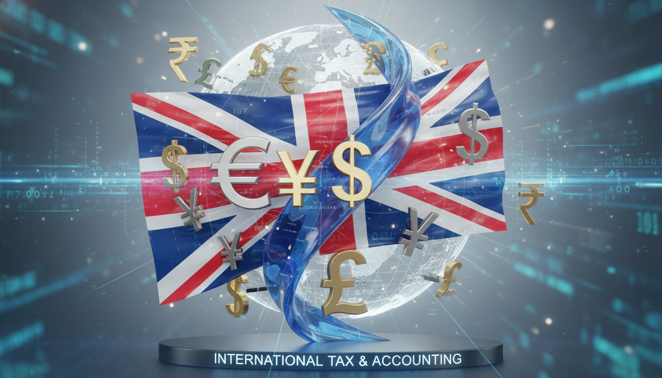 A conceptual 3D illustration of the British flag intertwined with global currency symbols, representing international taxation and cross-border accounting.