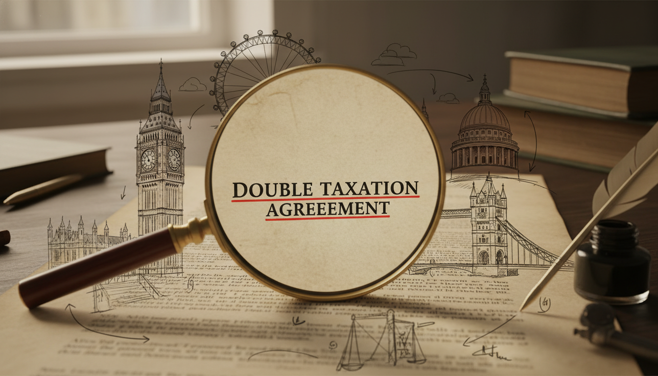 A legal document with a magnifying glass over the words 'Double Taxation Agreement', surrounded by architectural sketches of UK landmarks.
