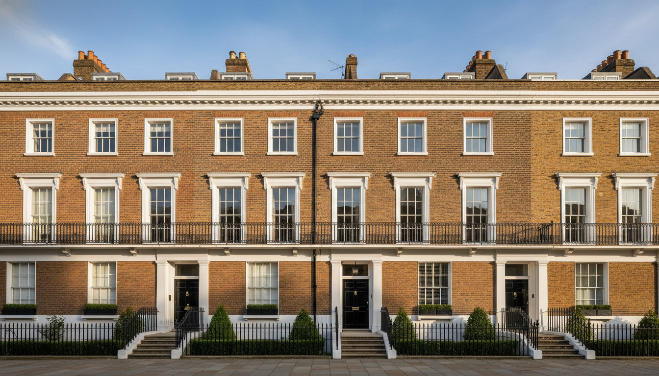 A professional architectural photograph of a classic London townhouse row under a clear blue sky, symbolizing UK real estate stability and the prestige of the property market.