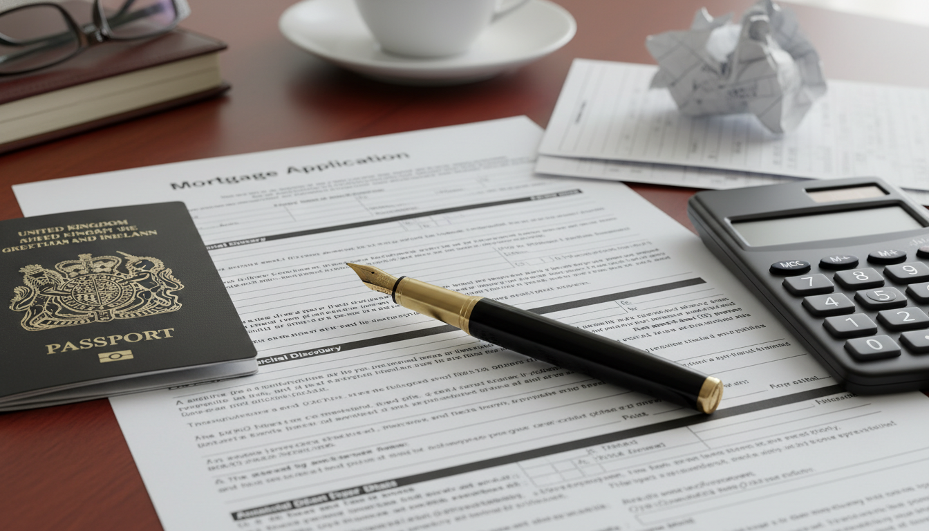 A high-resolution close-up of a fountain pen resting on a complex mortgage application document with a British passport and a calculator nearby, representing the meticulous nature of the application process.