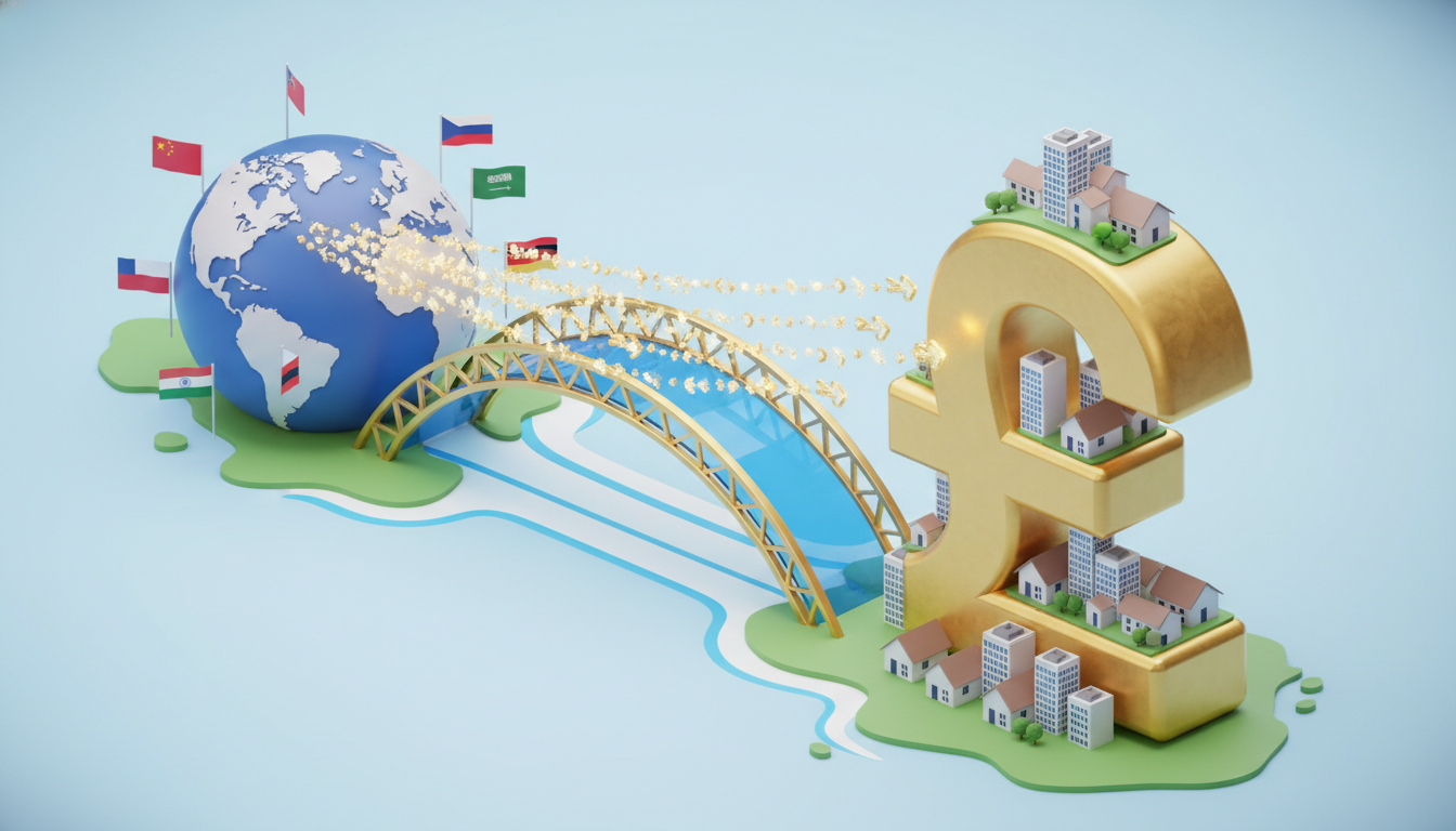 A conceptual 3D isometric illustration of a bridge connecting a globe with various world flags to a large golden British pound symbol, representing the flow of international capital into the UK housing market.
