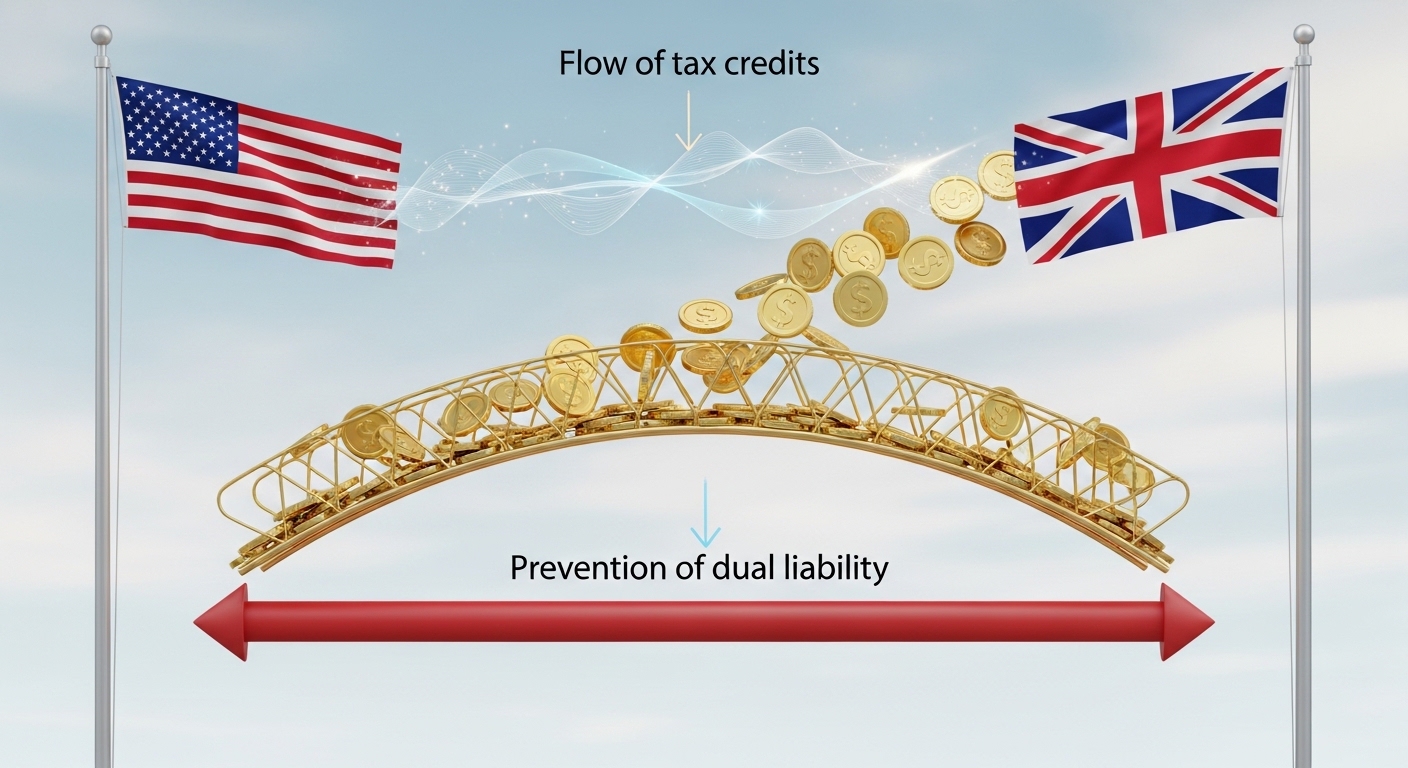 A conceptual 3D illustration of a bridge spanning between a US flag and a UK flag, with gold coins moving across it, representing the flow of tax credits and the prevention of dual liability.