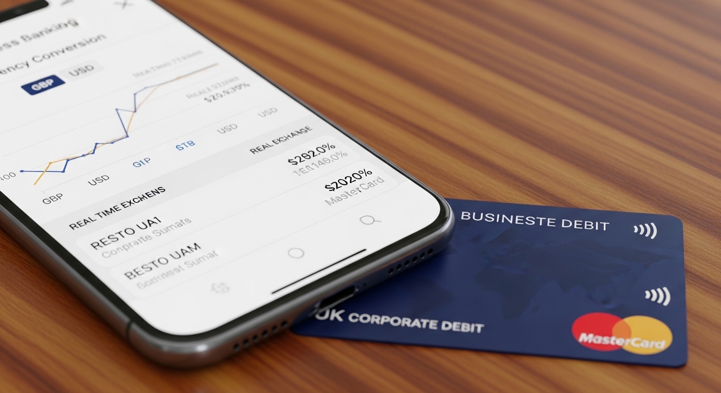 A close-up shot of a modern smartphone displaying a sleek, minimalist business banking app interface with currency conversion charts and a UK corporate debit card resting on a wooden desk.