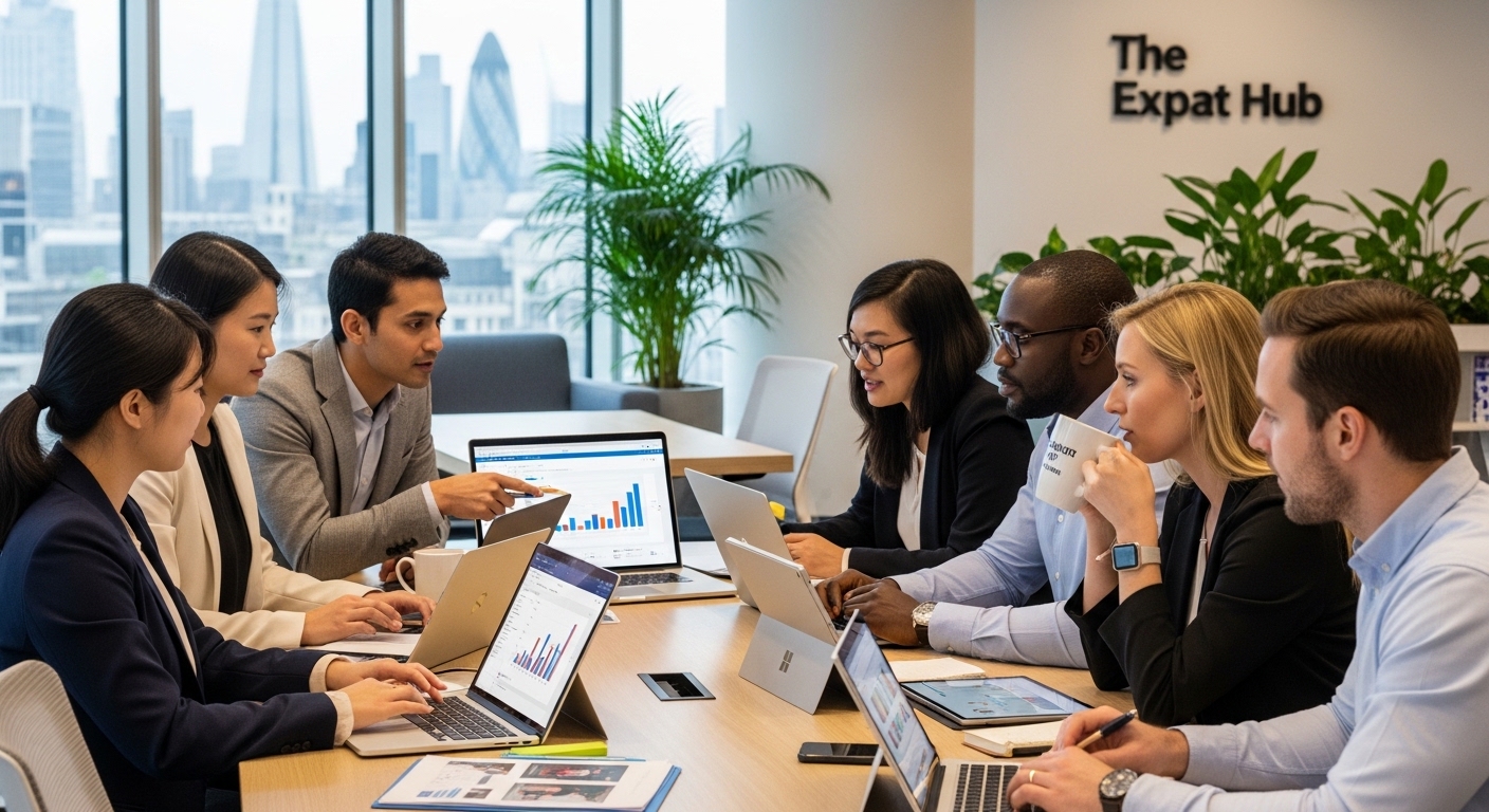A diverse group of business professionals in a bright, modern co-working space in London, collaborating over laptops and tablets, illustrating the entrepreneurial spirit of expats in the UK.