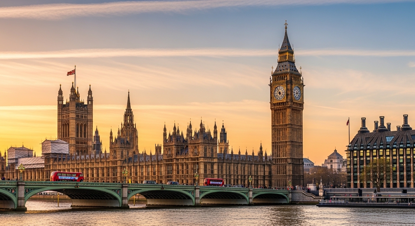 A professional, high-resolution photograph of the Palace of Westminster and Big Ben in London, symbolizing the center of UK law and governance, shot during the golden hour.