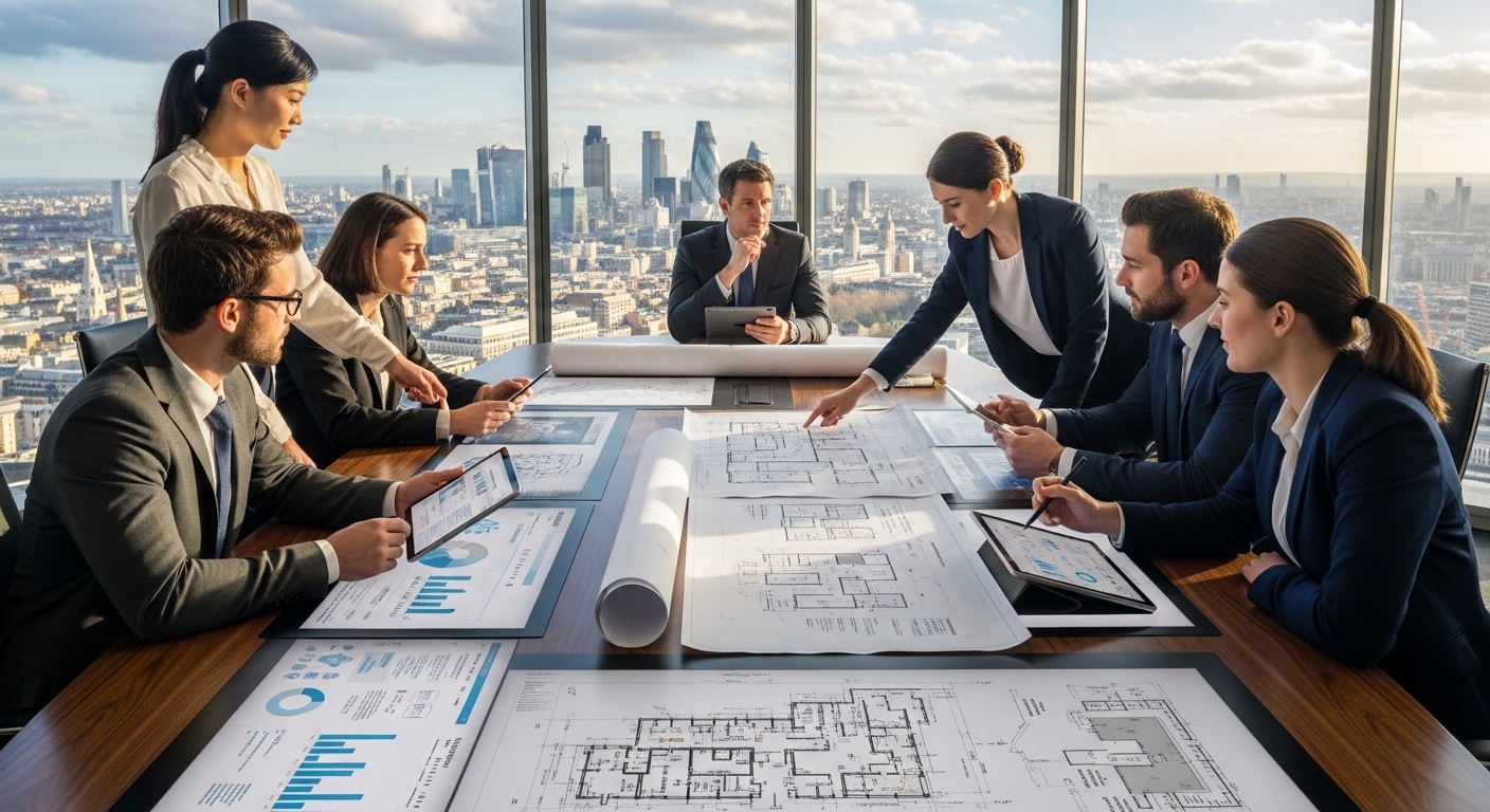 A modern, diverse group of business professionals in a sleek London boardroom, looking at digital tablets and architectural blueprints, representing innovation and strategic planning.