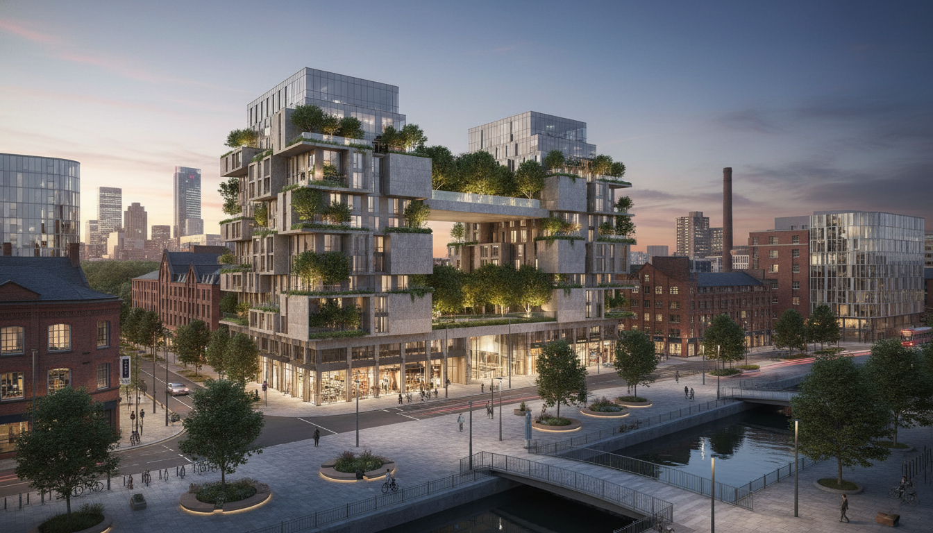 A high-end, modern architectural rendering of a luxury apartment complex in a regenerated area of Manchester, showcasing contemporary urban design and greenery.