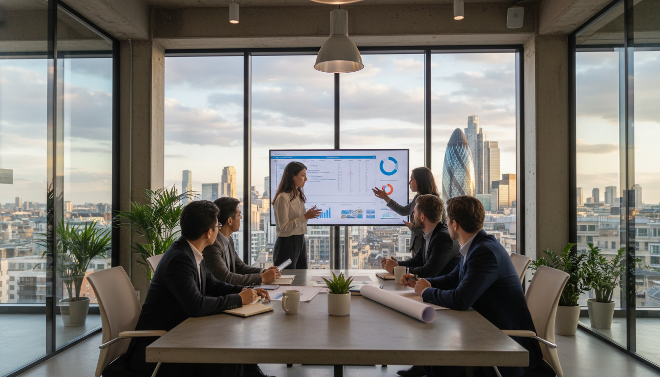 A professional photograph of a diverse group of business partners discussing a project in a modern, glass-walled office in London, with the iconic Gherkin building visible in the background.