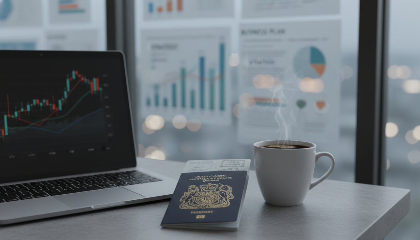 A minimalist workspace featuring a high-end laptop, a cup of coffee, and a British passport, with financial charts and business plans blurred in the background, signifying the intersection of global mobility and entrepreneurship.